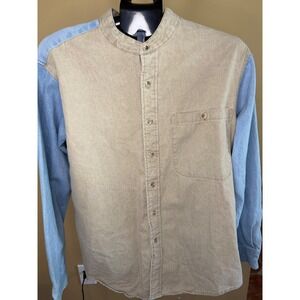 No Name Clothing Co Mens Two Tone Denim Button Up Shirt Tan Blue Large USA